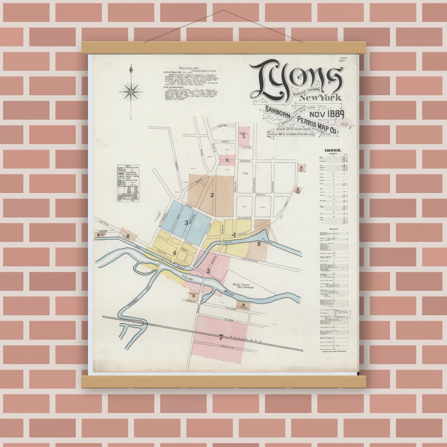 Old map wall art mockup — magnetic wood frame on brick wall — Sanborn Fire Insurance Map from Lyons, Wayne County, New York (1889) - Complete Map Set