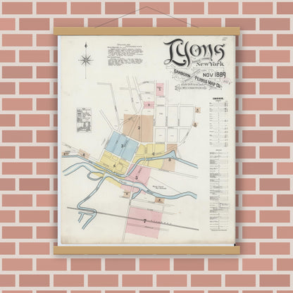 Old map wall art mockup — magnetic wood frame on brick wall — Sanborn Fire Insurance Map from Lyons, Wayne County, New York (1889) - Complete Map Set