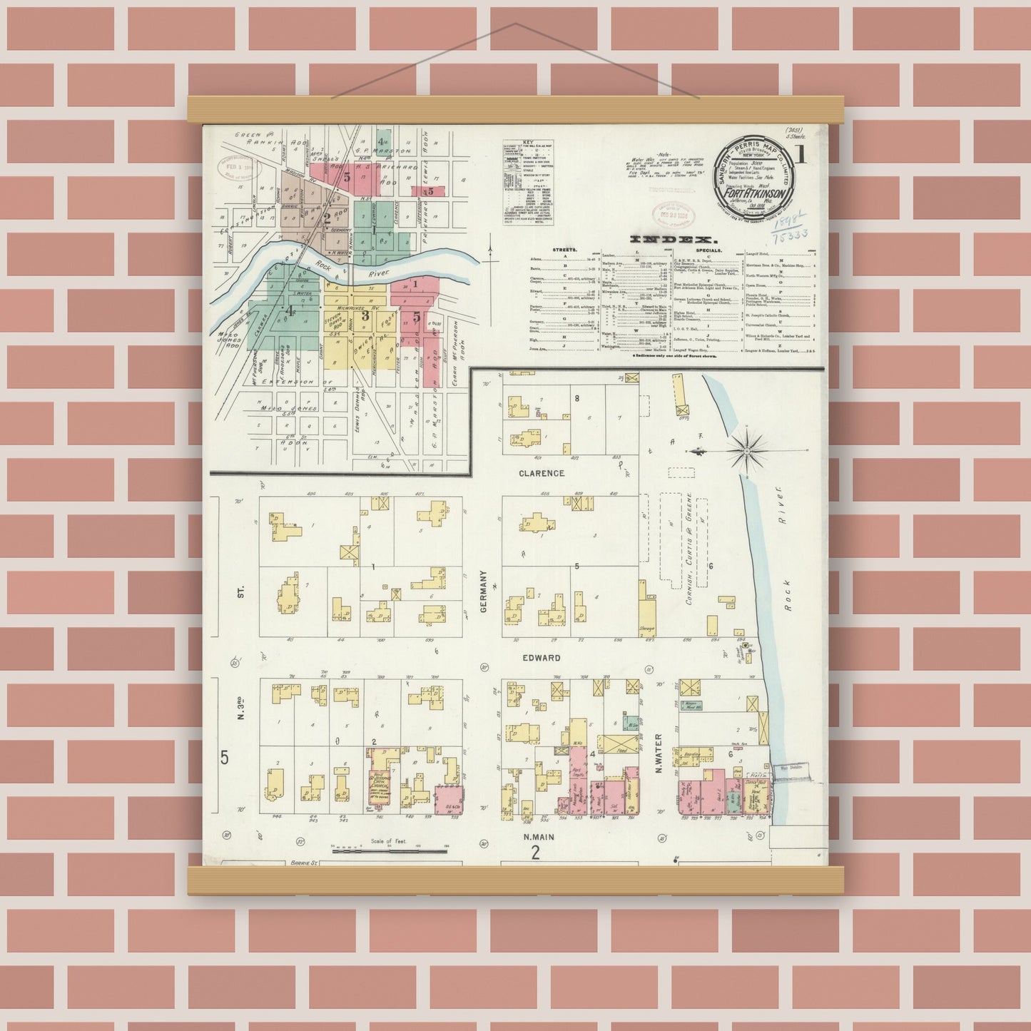Old map wall art mockup — magnetic wood frame on brick wall — Sanborn Fire Insurance Map from Fort Atkinson, Jefferson County, Wisconsin (1898) - Complete Map Set