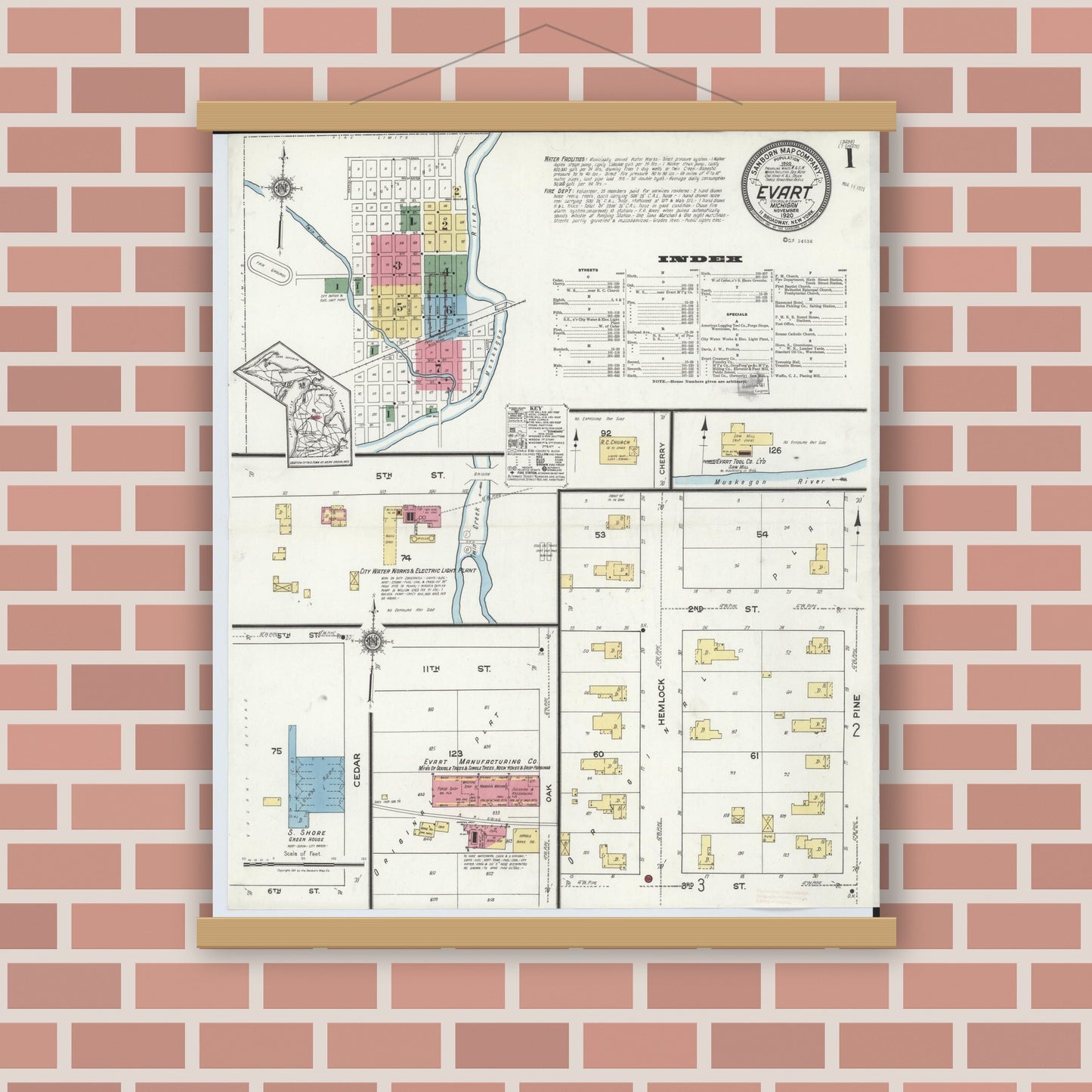 Old map wall art mockup — magnetic wood frame on brick wall — Sanborn Fire Insurance Map from Evart, Osceola County, Michigan (1920), Sheet #0001