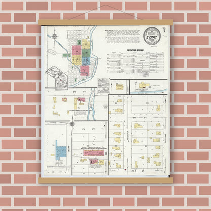 Old map wall art mockup — magnetic wood frame on brick wall — Sanborn Fire Insurance Map from Evart, Osceola County, Michigan (1920), Sheet #0001