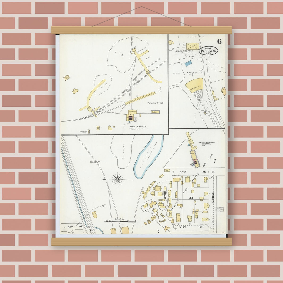 Old map wall art mockup — magnetic wood frame on brick wall — Sanborn Fire Insurance Map from Ishpeming, Marquette County, Michigan (1904), Sheet #0006