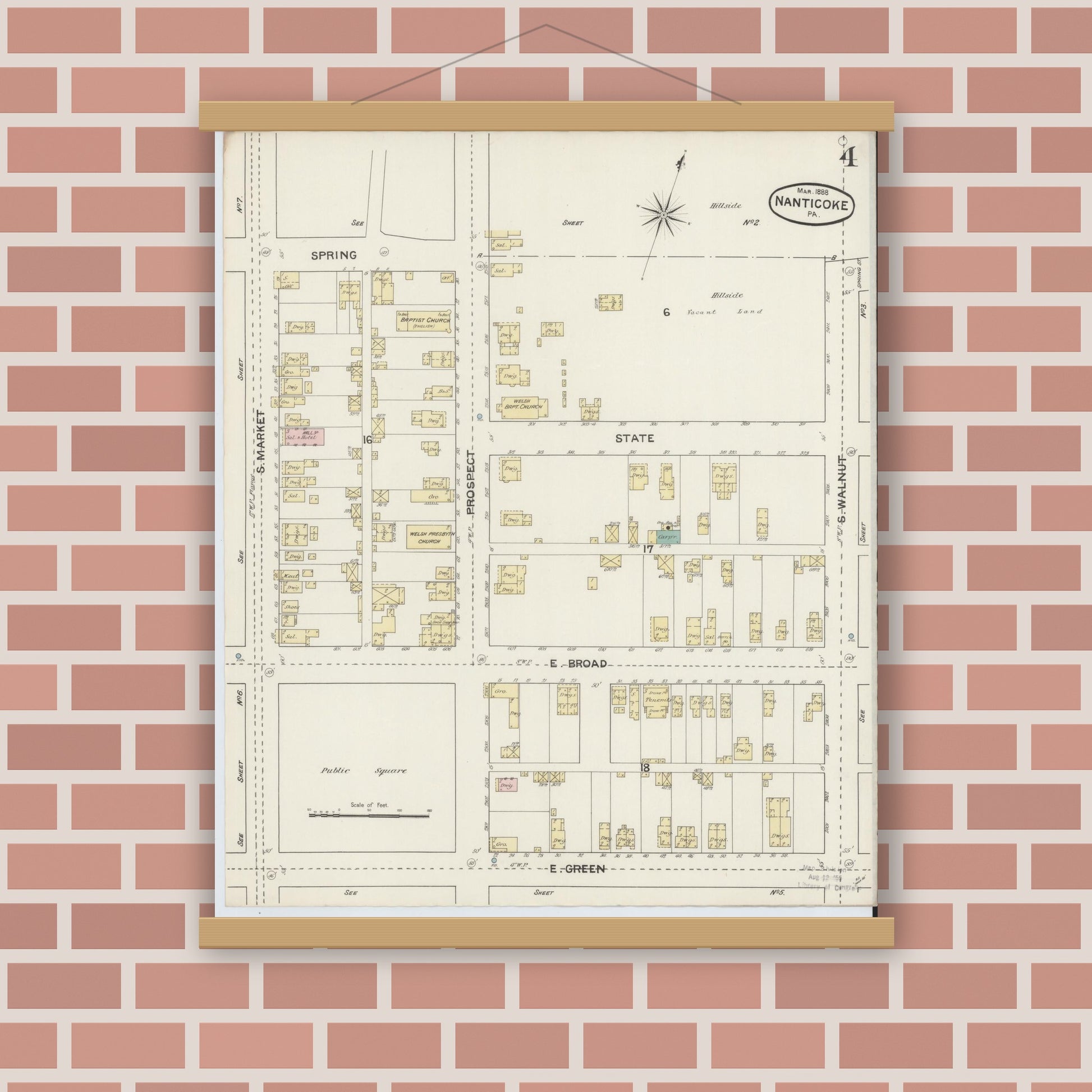 Old map wall art mockup — magnetic wood frame on brick wall — Sanborn Fire Insurance Map from Nanticoke, Luzerne County, Pennsylvania (1888), Sheet #0004