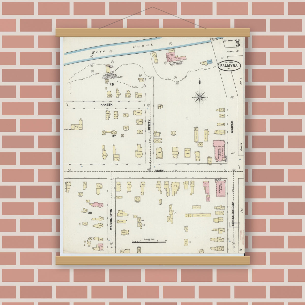 Old map wall art mockup — magnetic wood frame on brick wall — Sanborn Fire Insurance Map from Palmyra, Wayne County, New York (1889), Sheet #0005