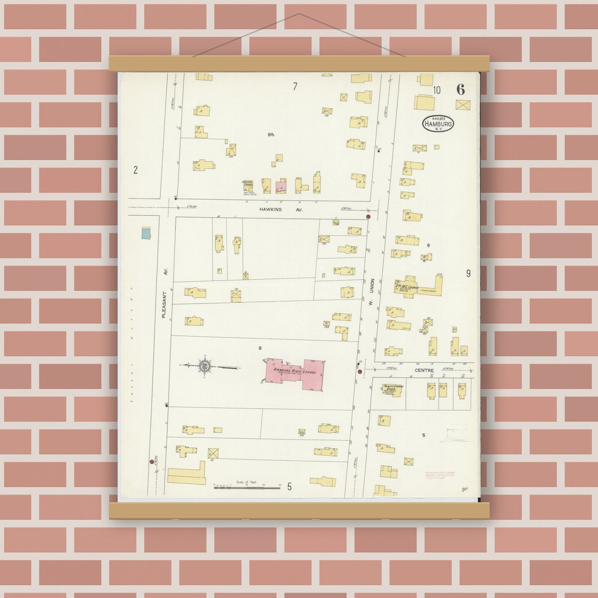 Old map wall art mockup — magnetic wood frame on brick wall — Sanborn Fire Insurance Map from Hamburg, Erie County, New York (1913), Sheet #0006