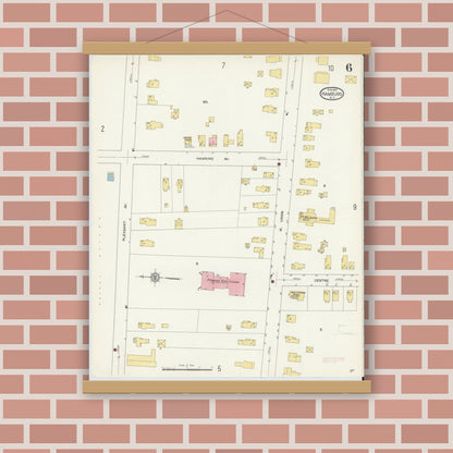 Old map wall art mockup — magnetic wood frame on brick wall — Sanborn Fire Insurance Map from Hamburg, Erie County, New York (1913), Sheet #0006