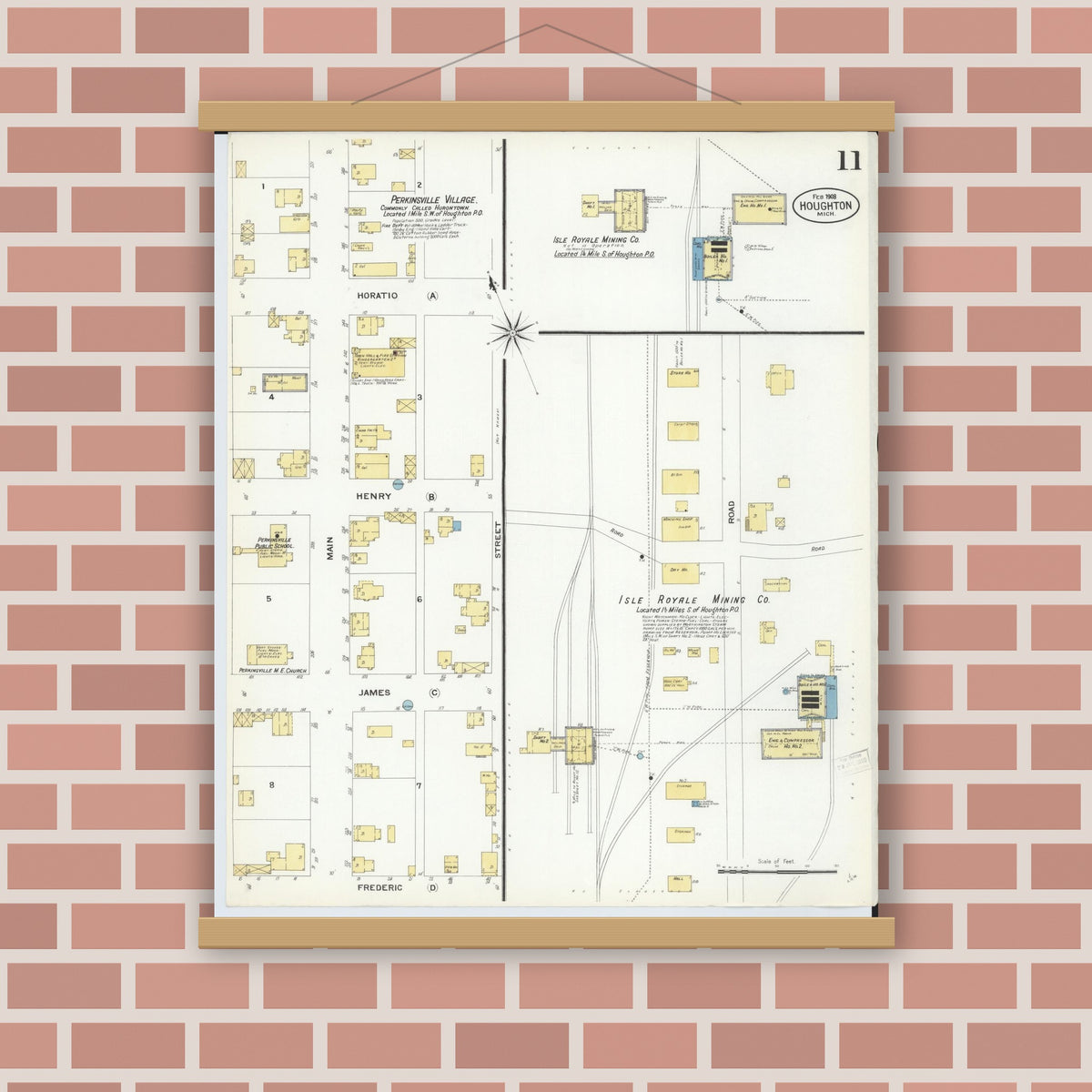 Old map wall art mockup — magnetic wood frame on brick wall — Sanborn Fire Insurance Map from Houghton, Houghton County, Michigan (1908), Sheet #0011