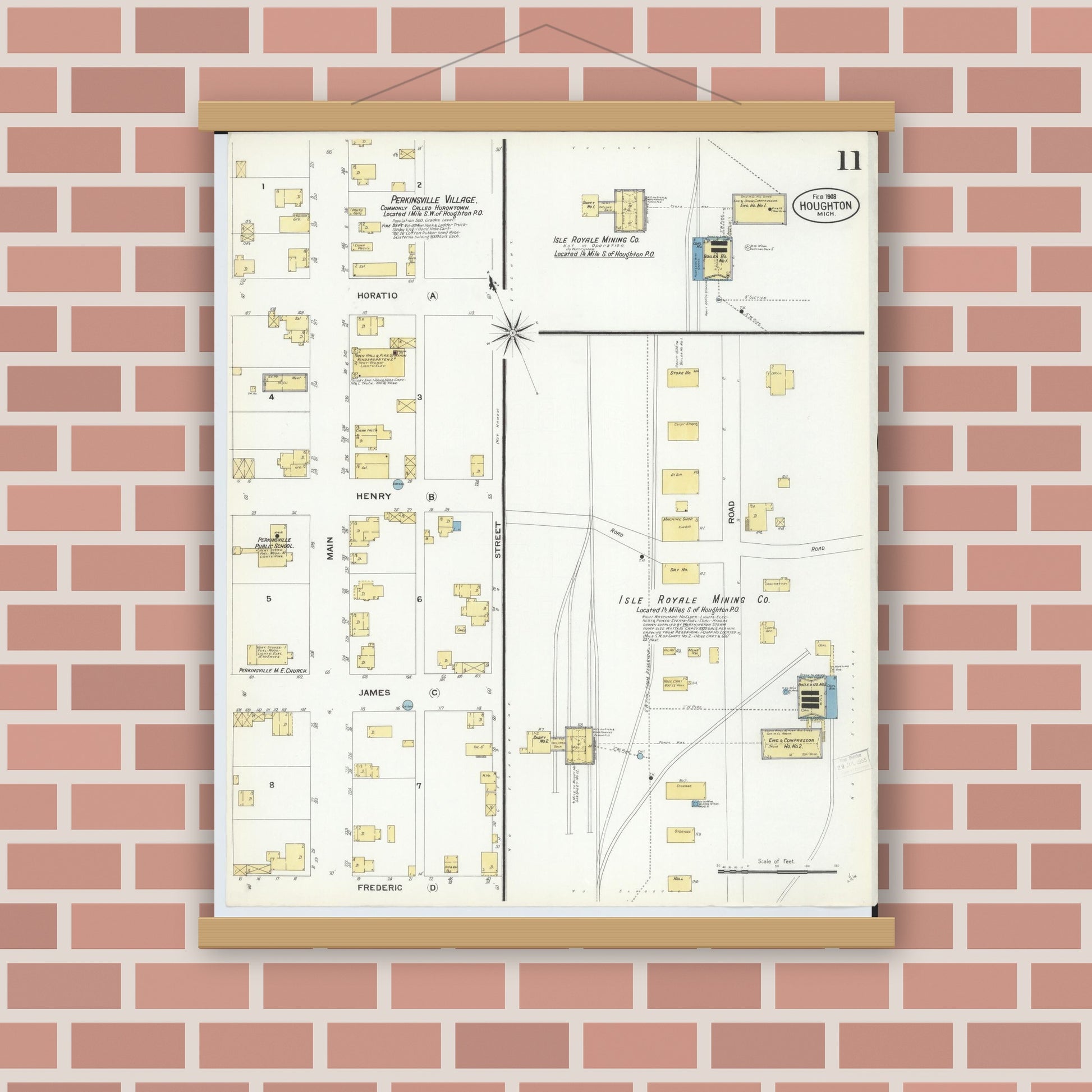 Old map wall art mockup — magnetic wood frame on brick wall — Sanborn Fire Insurance Map from Houghton, Houghton County, Michigan (1908), Sheet #0011
