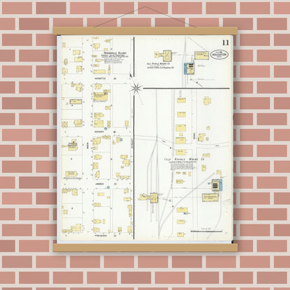 Old map wall art mockup — magnetic wood frame on brick wall — Sanborn Fire Insurance Map from Houghton, Houghton County, Michigan (1908), Sheet #0011