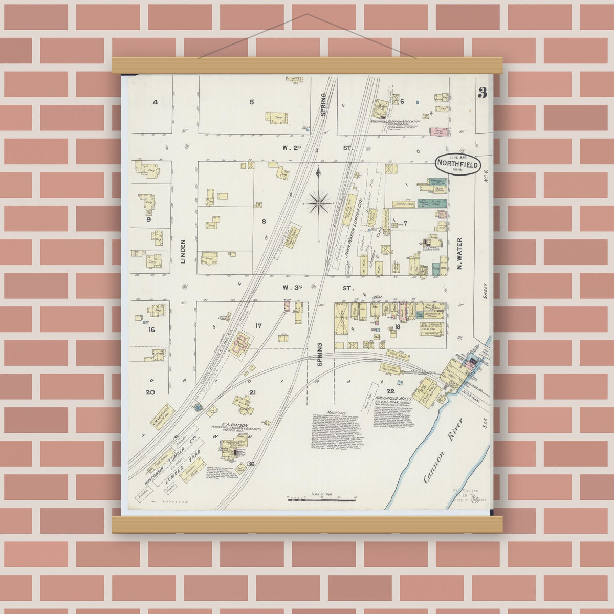 Old map wall art mockup — magnetic wood frame on brick wall — Sanborn Fire Insurance Map from Northfield, Rice County, Minnesota (1889), Sheet #0003