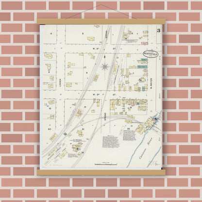 Old map wall art mockup — magnetic wood frame on brick wall — Sanborn Fire Insurance Map from Northfield, Rice County, Minnesota (1889), Sheet #0003