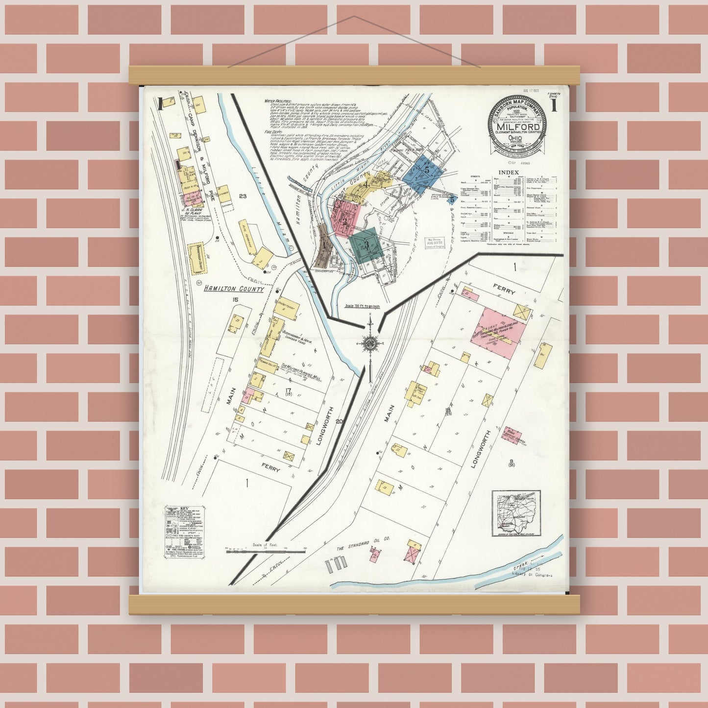 Old map wall art mockup — magnetic wood frame on brick wall — Sanborn Fire Insurance Map from Milford, Clermont And Hamilton County, Ohio (1925) - Complete Map Set