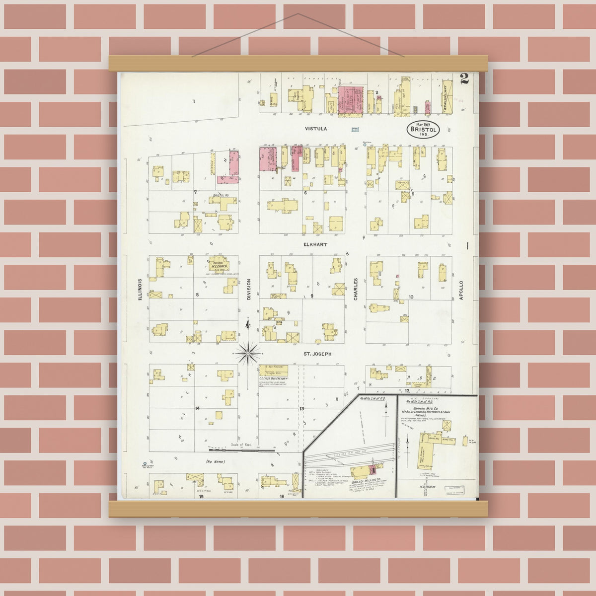 Old map wall art mockup — magnetic wood frame on brick wall — Sanborn Fire Insurance Map from Bristol, Elkhart County, Indiana (1907), Sheet #0002