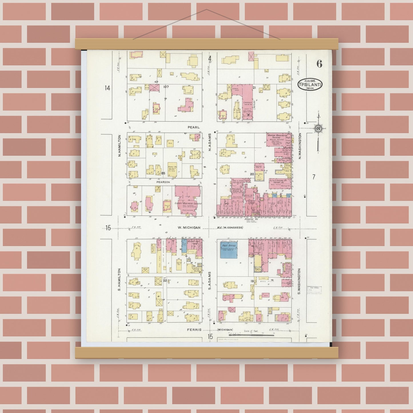 Old map wall art mockup — magnetic wood frame on brick wall — Sanborn Fire Insurance Map from Ypsilanti, Washtenaw County, Michigan (1916), Sheet #0006