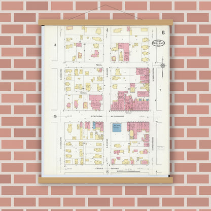 Old map wall art mockup — magnetic wood frame on brick wall — Sanborn Fire Insurance Map from Ypsilanti, Washtenaw County, Michigan (1916), Sheet #0006