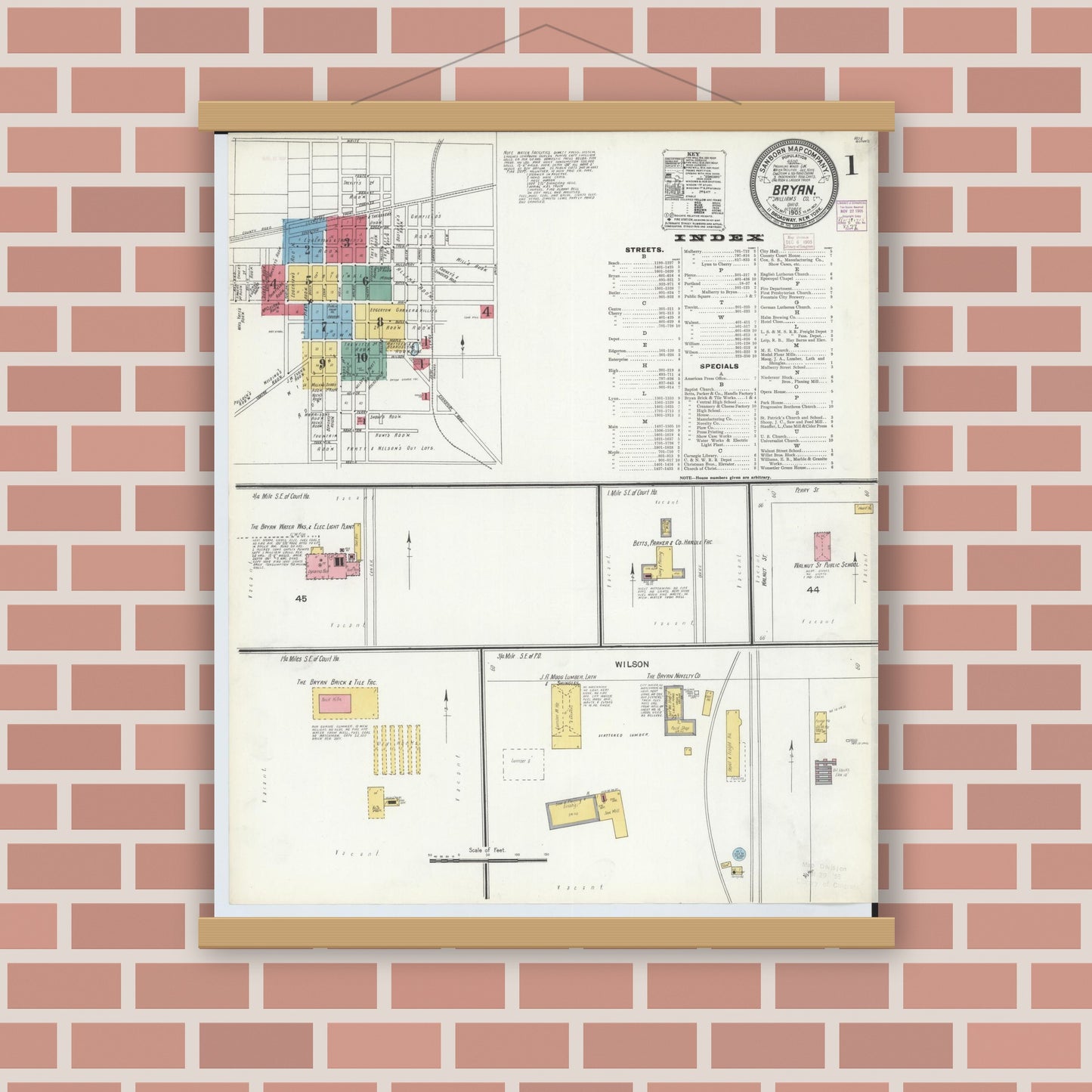 Old map wall art mockup — magnetic wood frame on brick wall — Sanborn Fire Insurance Map from Bryan, Williams County, Ohio (1905) - Complete Map Set