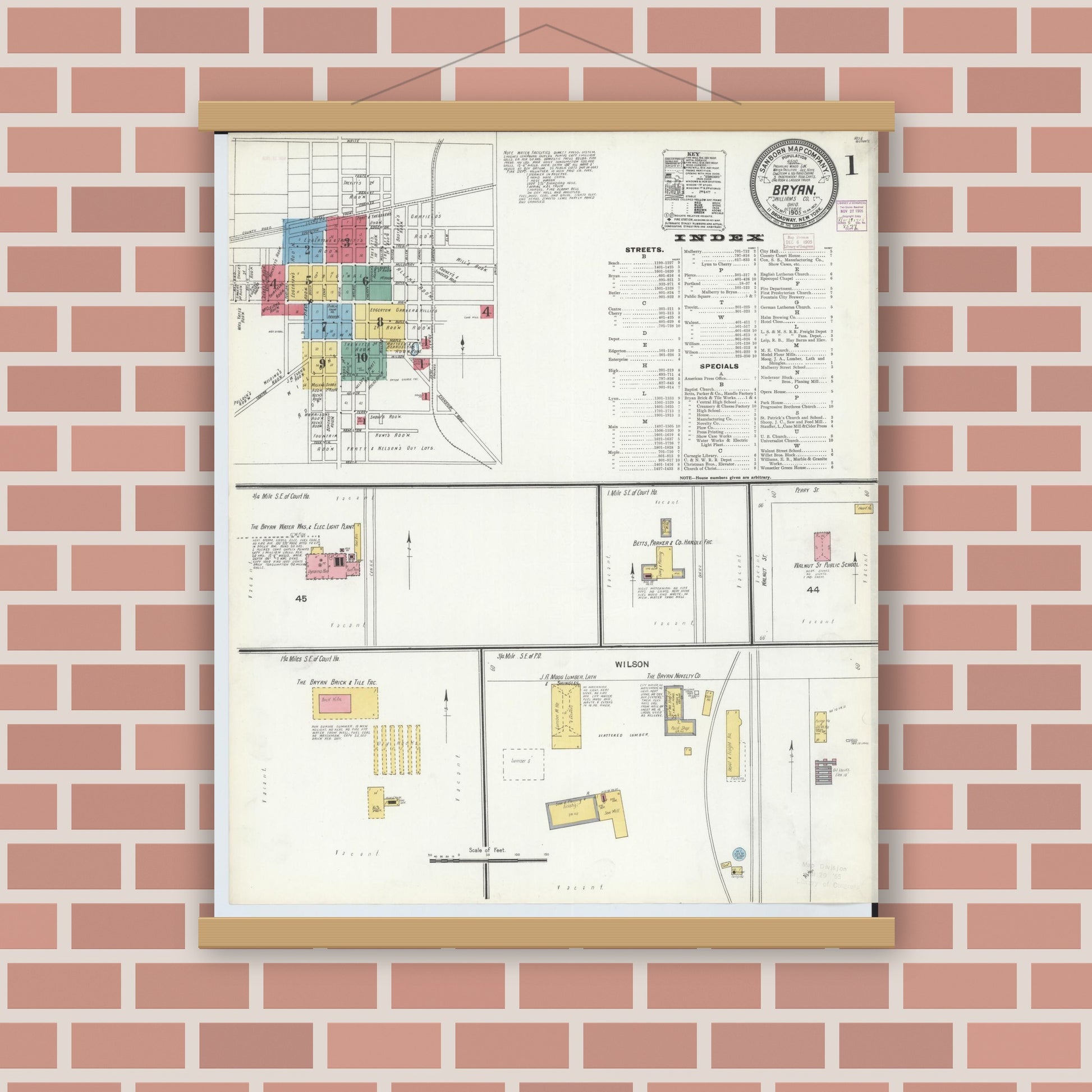 Old map wall art mockup — magnetic wood frame on brick wall — Sanborn Fire Insurance Map from Bryan, Williams County, Ohio (1905) - Complete Map Set