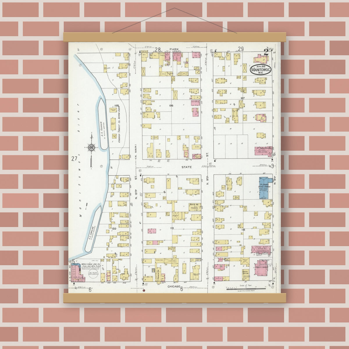 Old map wall art mockup — magnetic wood frame on brick wall — Sanborn Fire Insurance Map from Manitowoc, Manitowoc County, Wisconsin (1919), Sheet #0002