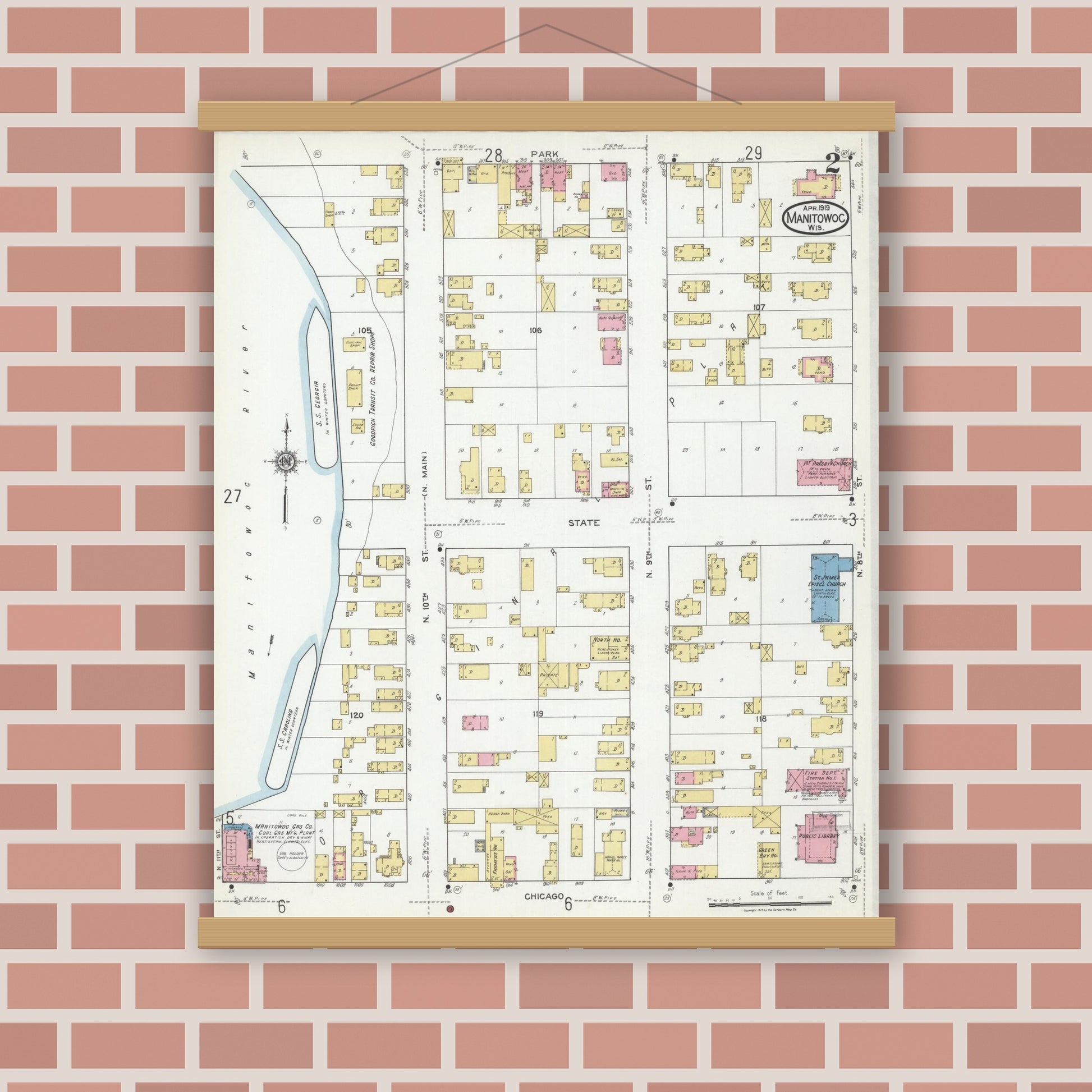 Old map wall art mockup — magnetic wood frame on brick wall — Sanborn Fire Insurance Map from Manitowoc, Manitowoc County, Wisconsin (1919), Sheet #0002