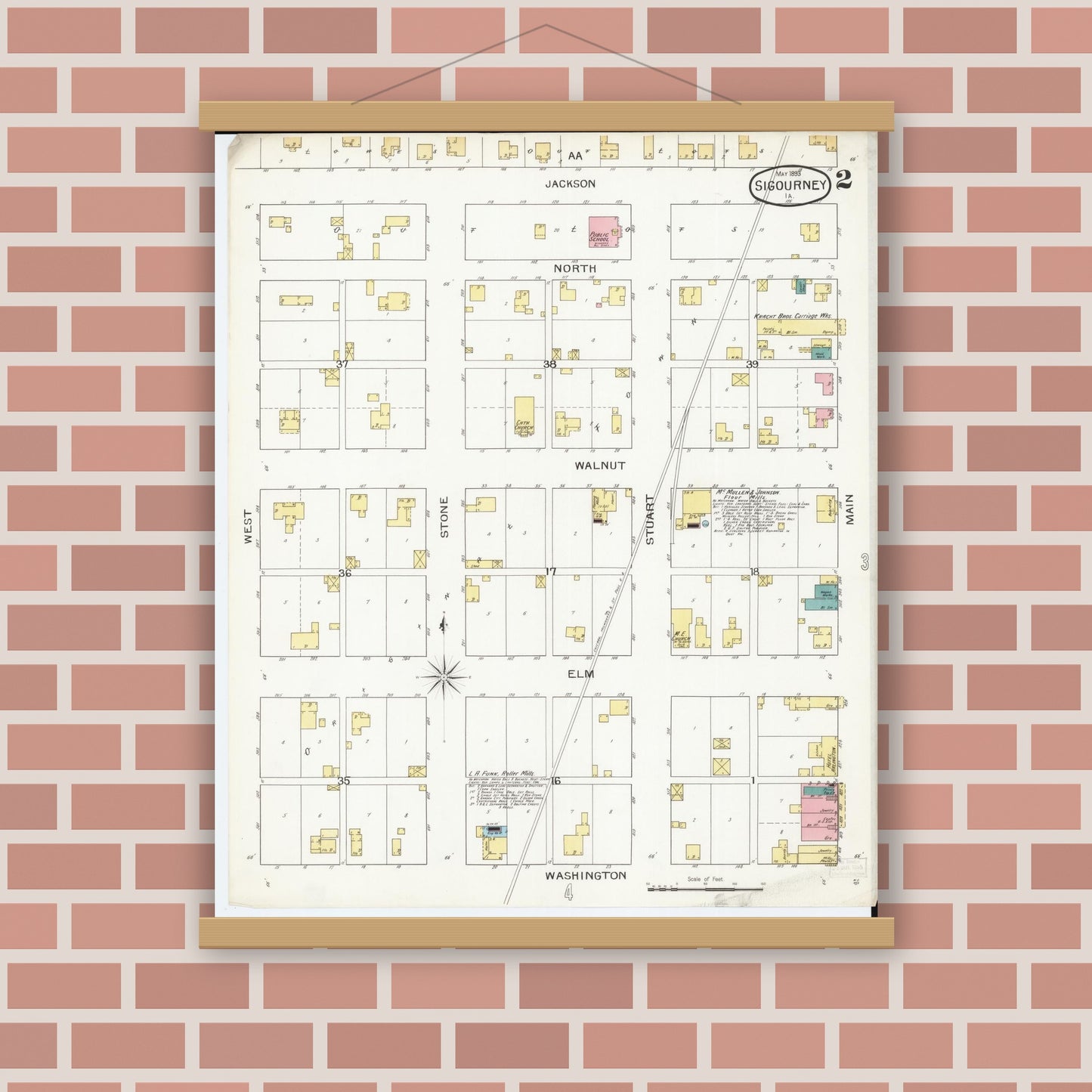 Old map wall art mockup — magnetic wood frame on brick wall — Sanborn Fire Insurance Map from Sigourney, Kiokuk County, Iowa (1893), Sheet #0002