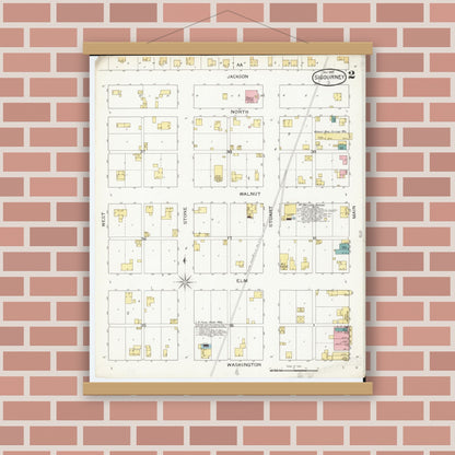 Old map wall art mockup — magnetic wood frame on brick wall — Sanborn Fire Insurance Map from Sigourney, Kiokuk County, Iowa (1893), Sheet #0002