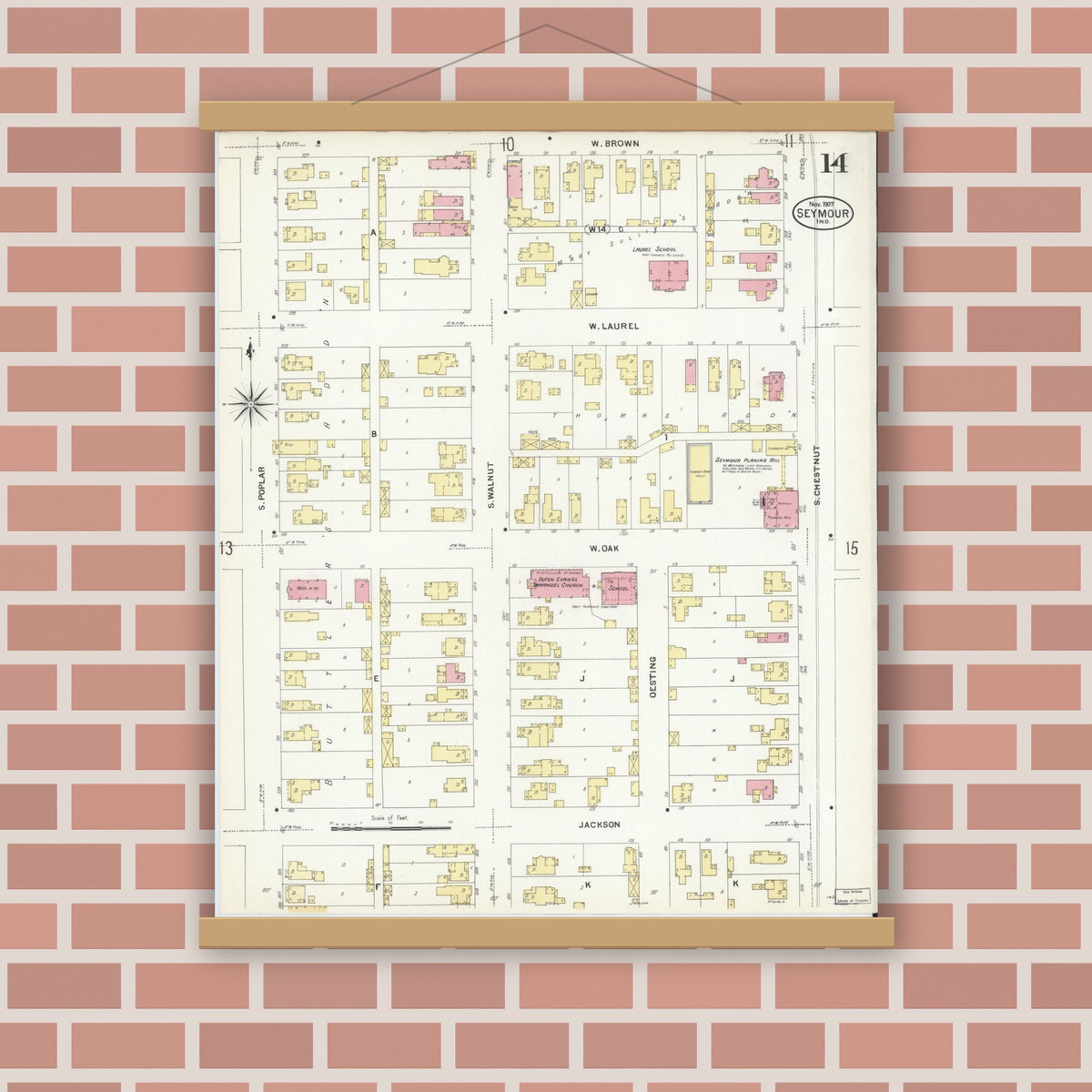 Old map wall art mockup — magnetic wood frame on brick wall — Sanborn Fire Insurance Map from Seymour, Jackson County, Indiana (1907), Sheet #0014