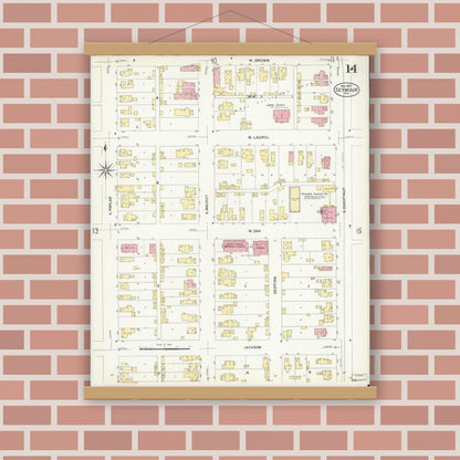Old map wall art mockup — magnetic wood frame on brick wall — Sanborn Fire Insurance Map from Seymour, Jackson County, Indiana (1907), Sheet #0014