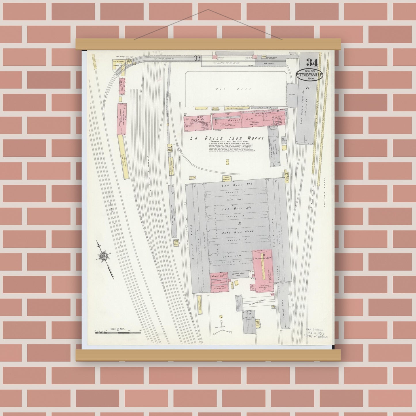 Old map wall art mockup — magnetic wood frame on brick wall — Sanborn Fire Insurance Map from Steubenville, Jefferson County, Ohio (1913), Sheet #0034