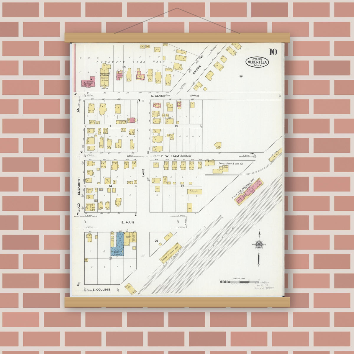 Old map wall art mockup — magnetic wood frame on brick wall — Sanborn Fire Insurance Map from Albert Lea, Freeborn County, Minnesota (1918), Sheet #0010