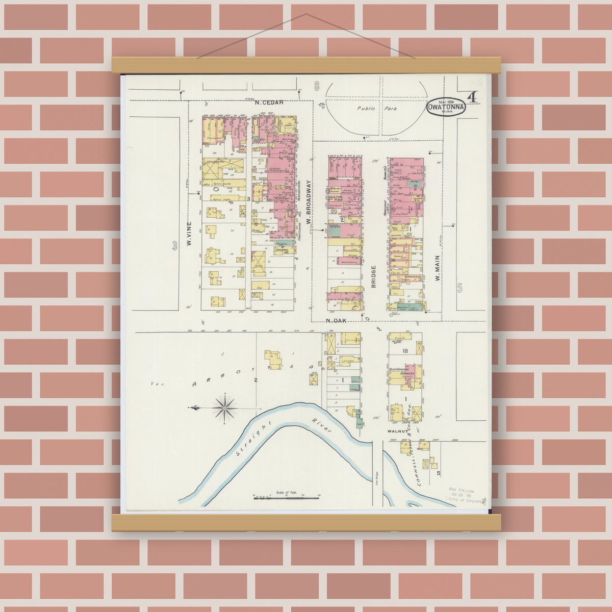 Old map wall art mockup — magnetic wood frame on brick wall — Sanborn Fire Insurance Map from Owatonna, Steele County, Minnesota (1894), Sheet #0004