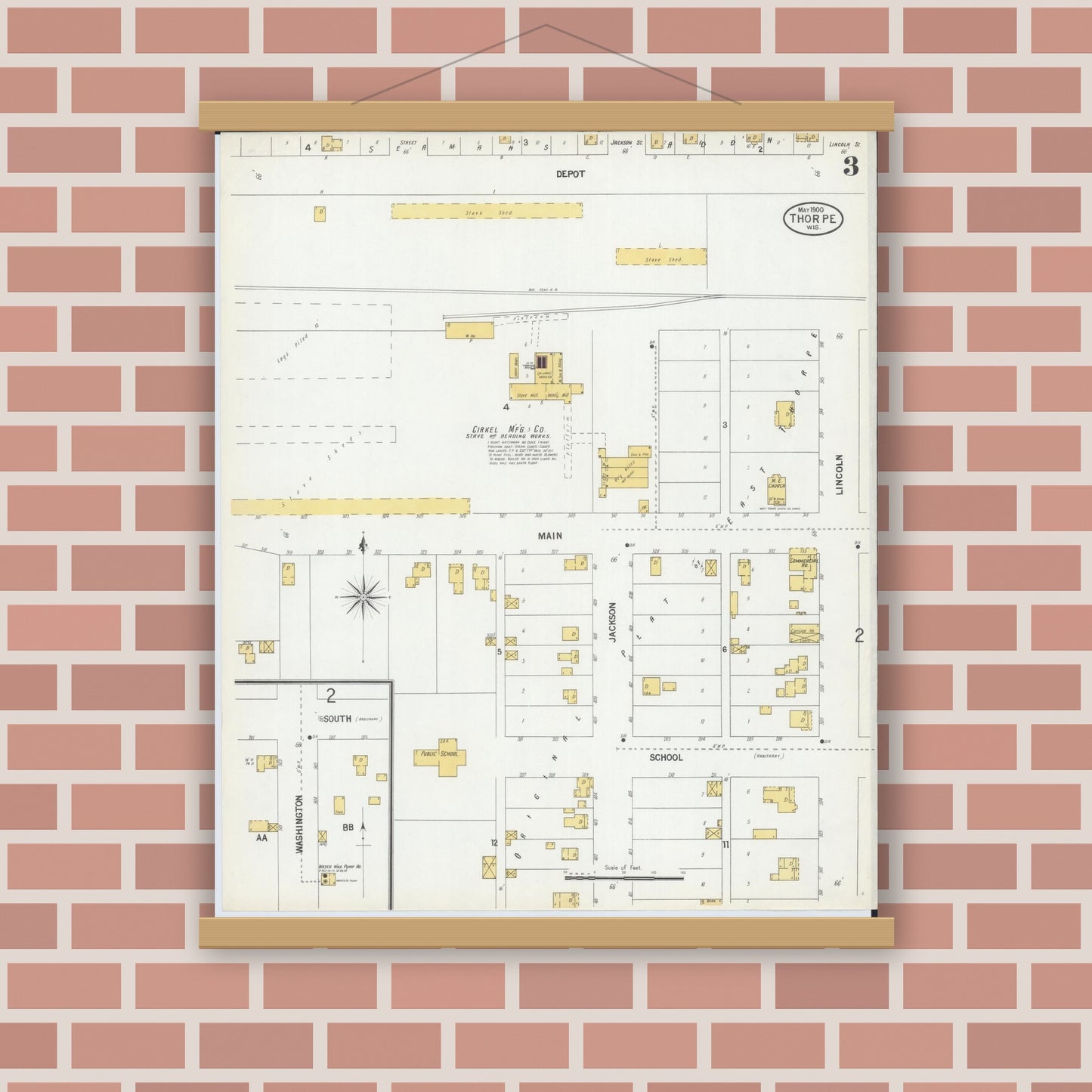 Old map wall art mockup — magnetic wood frame on brick wall — Sanborn Fire Insurance Map from Thorpe, Clark County, Wisconsin (1900), Sheet #0003