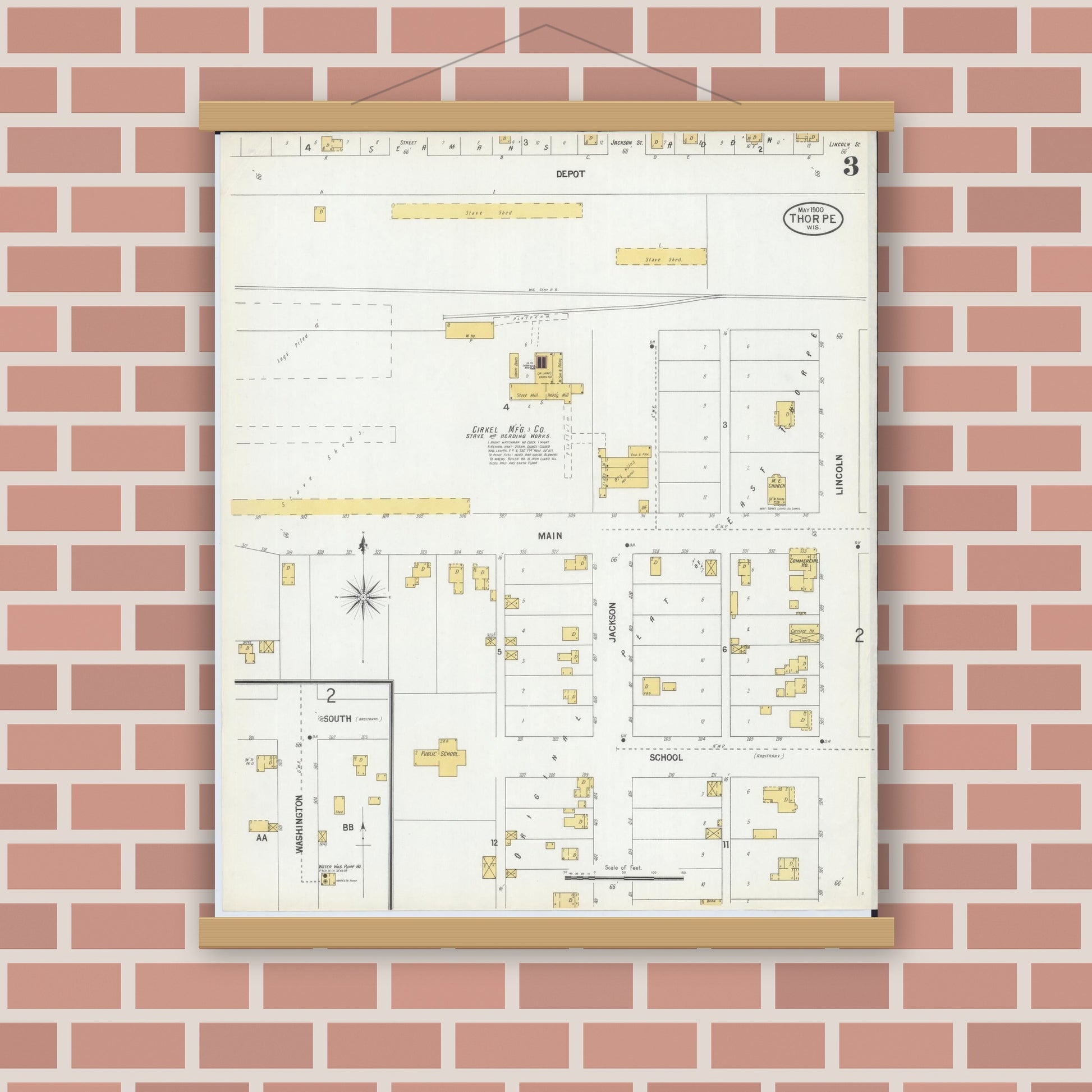 Old map wall art mockup — magnetic wood frame on brick wall — Sanborn Fire Insurance Map from Thorpe, Clark County, Wisconsin (1900), Sheet #0003