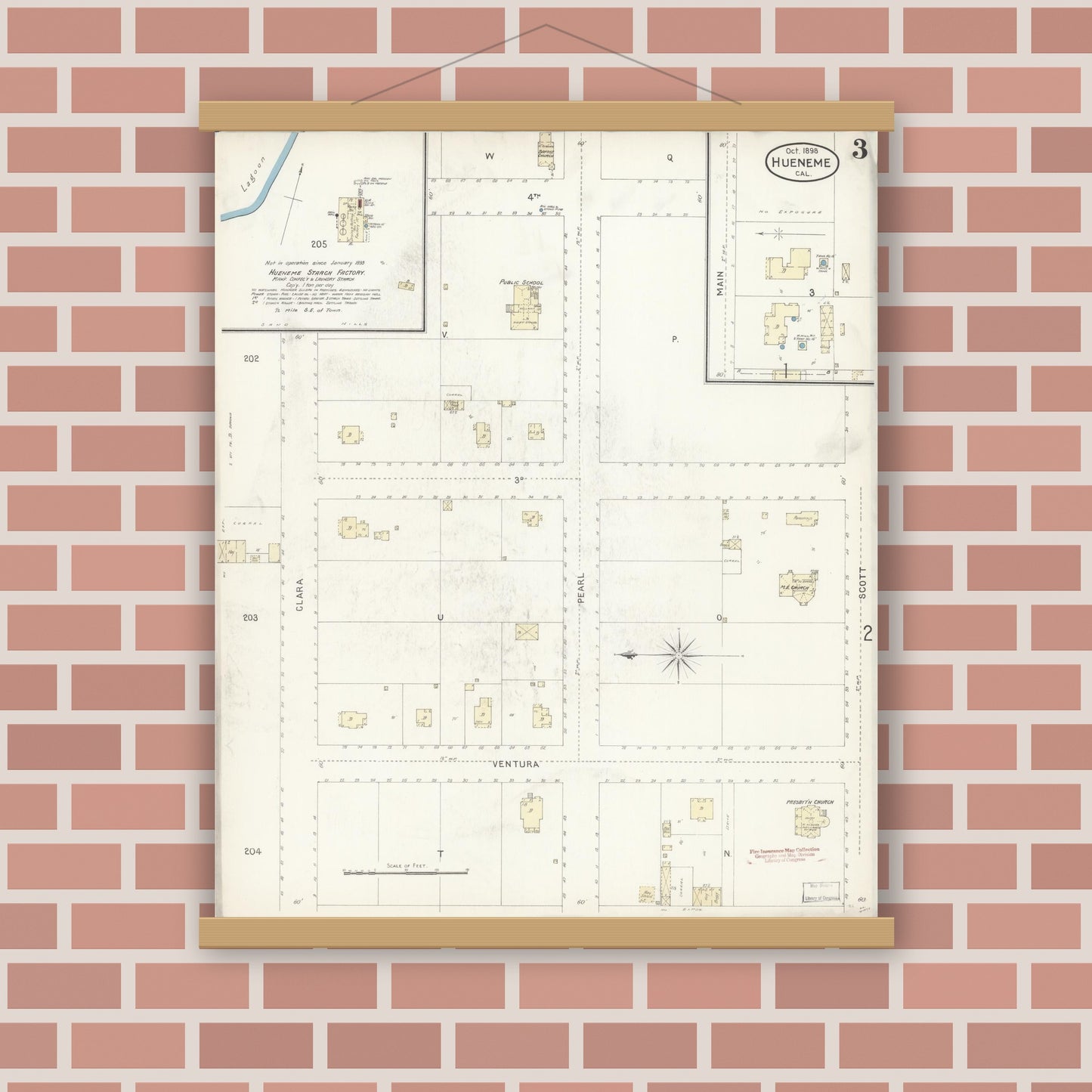 Old map wall art mockup — magnetic wood frame on brick wall — Sanborn Fire Insurance Map from Hueneme, Ventura County, California (1898), Sheet #0003