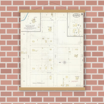 Old map wall art mockup — magnetic wood frame on brick wall — Sanborn Fire Insurance Map from Hueneme, Ventura County, California (1898), Sheet #0003