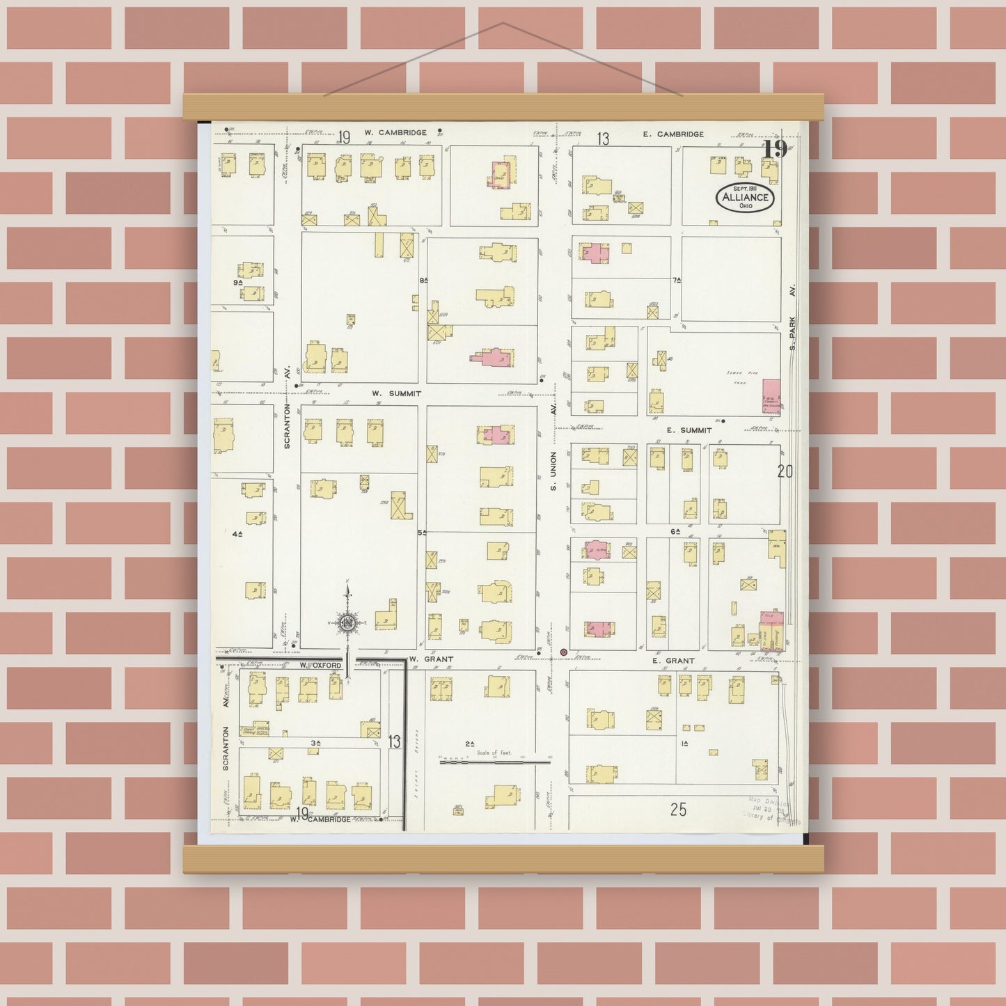 Old map wall art mockup — magnetic wood frame on brick wall — Sanborn Fire Insurance Map from Alliance, Stark County, Ohio (1911), Sheet #0019