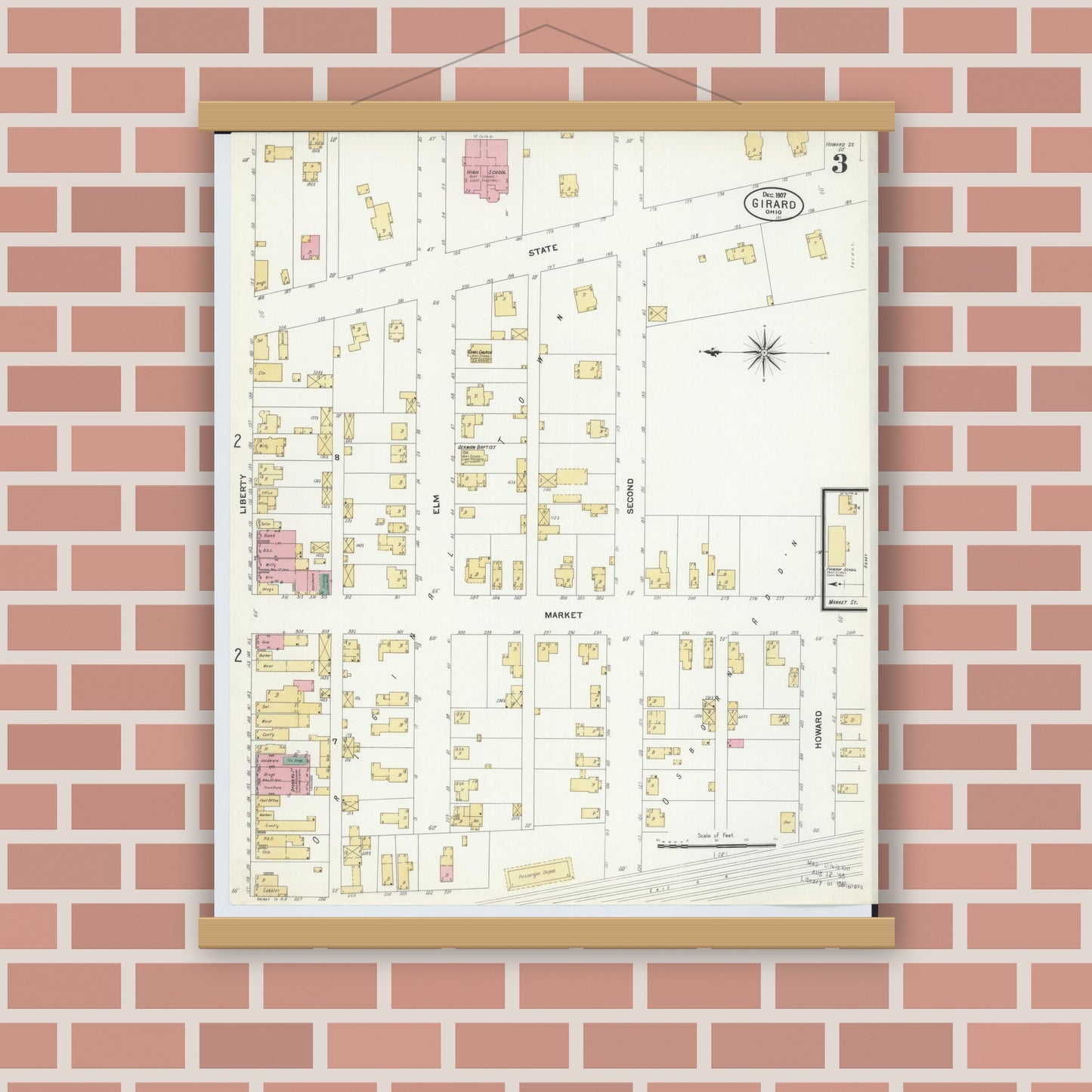 Old map wall art mockup — magnetic wood frame on brick wall — Sanborn Fire Insurance Map from Girard, Trumbull County, Ohio (1907), Sheet #0003