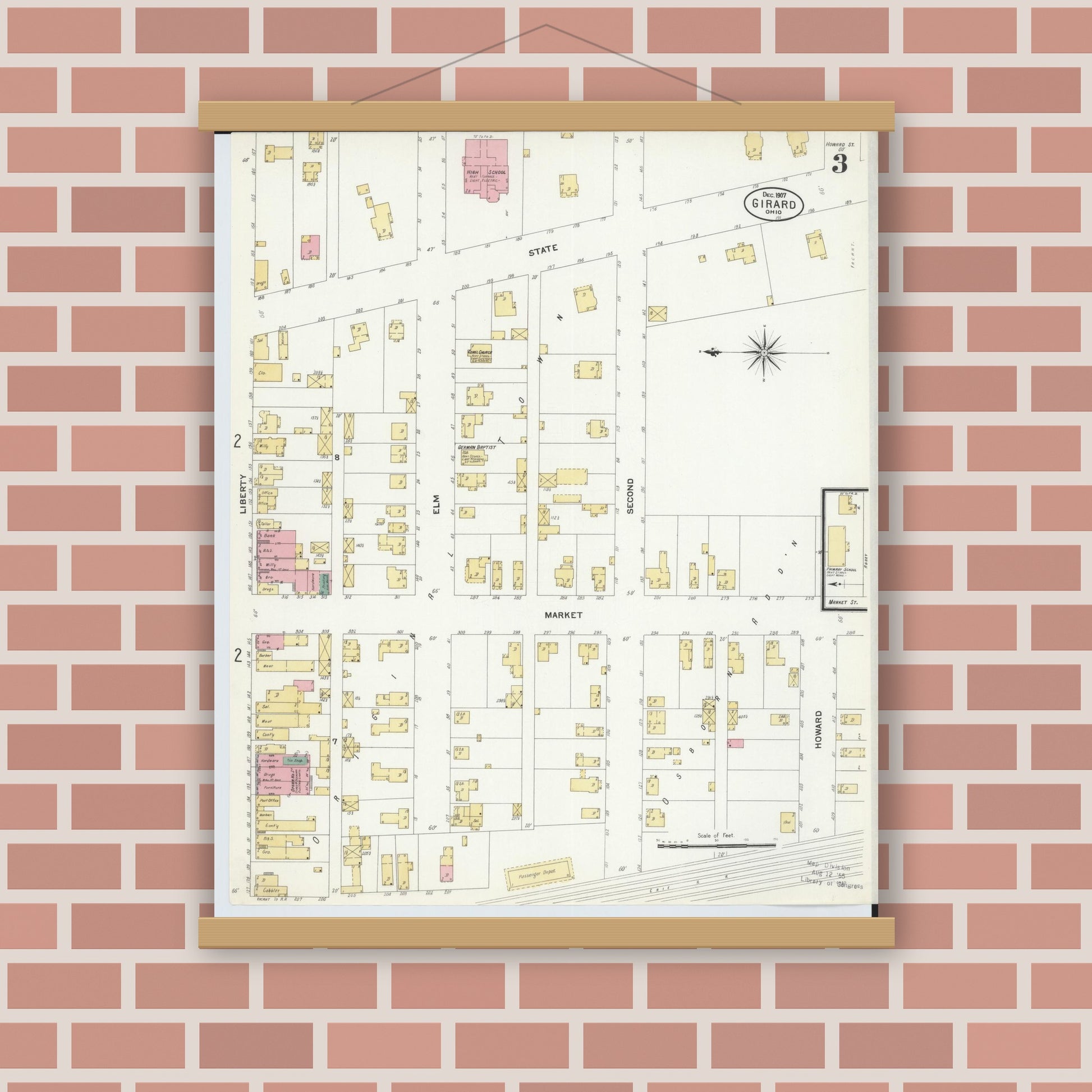 Old map wall art mockup — magnetic wood frame on brick wall — Sanborn Fire Insurance Map from Girard, Trumbull County, Ohio (1907), Sheet #0003