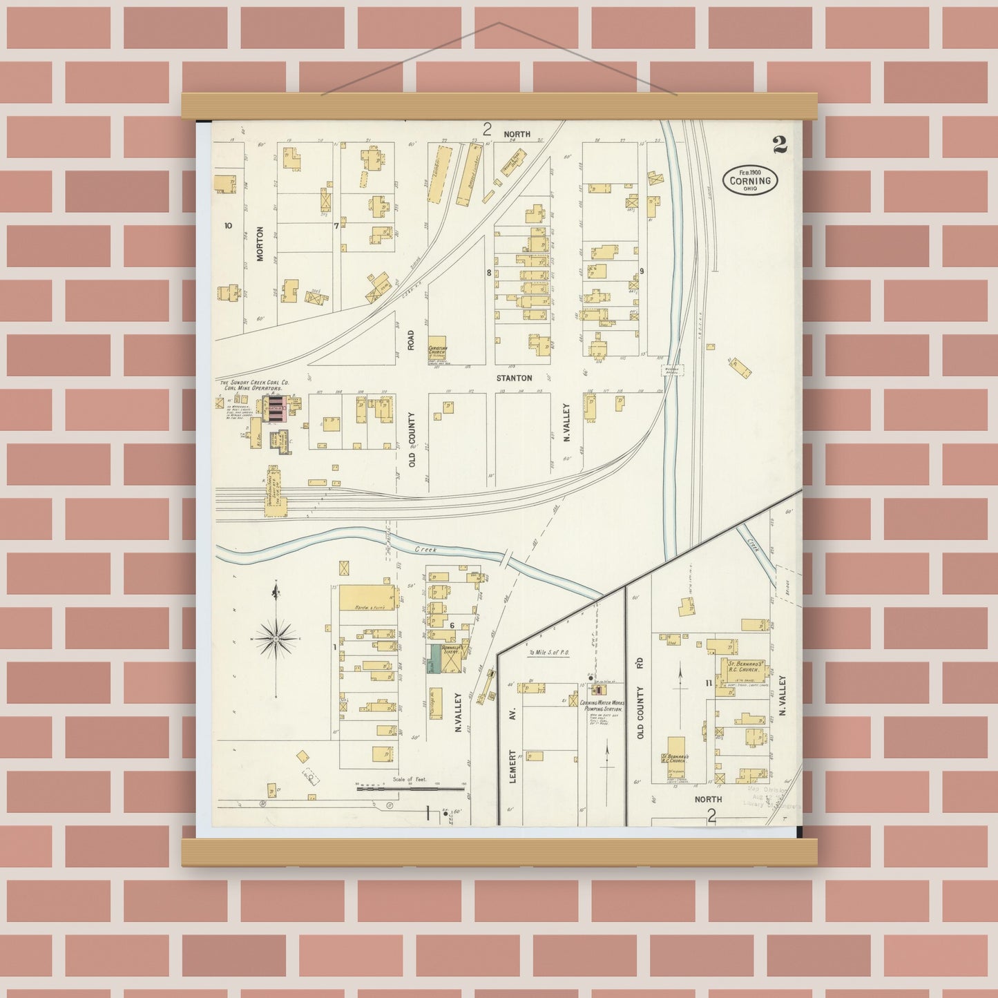 Old map wall art mockup — magnetic wood frame on brick wall — Sanborn Fire Insurance Map from Corning, Perry County, Ohio (1900), Sheet #0002