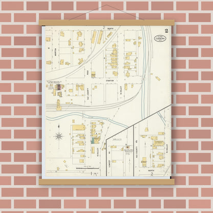 Old map wall art mockup — magnetic wood frame on brick wall — Sanborn Fire Insurance Map from Corning, Perry County, Ohio (1900), Sheet #0002