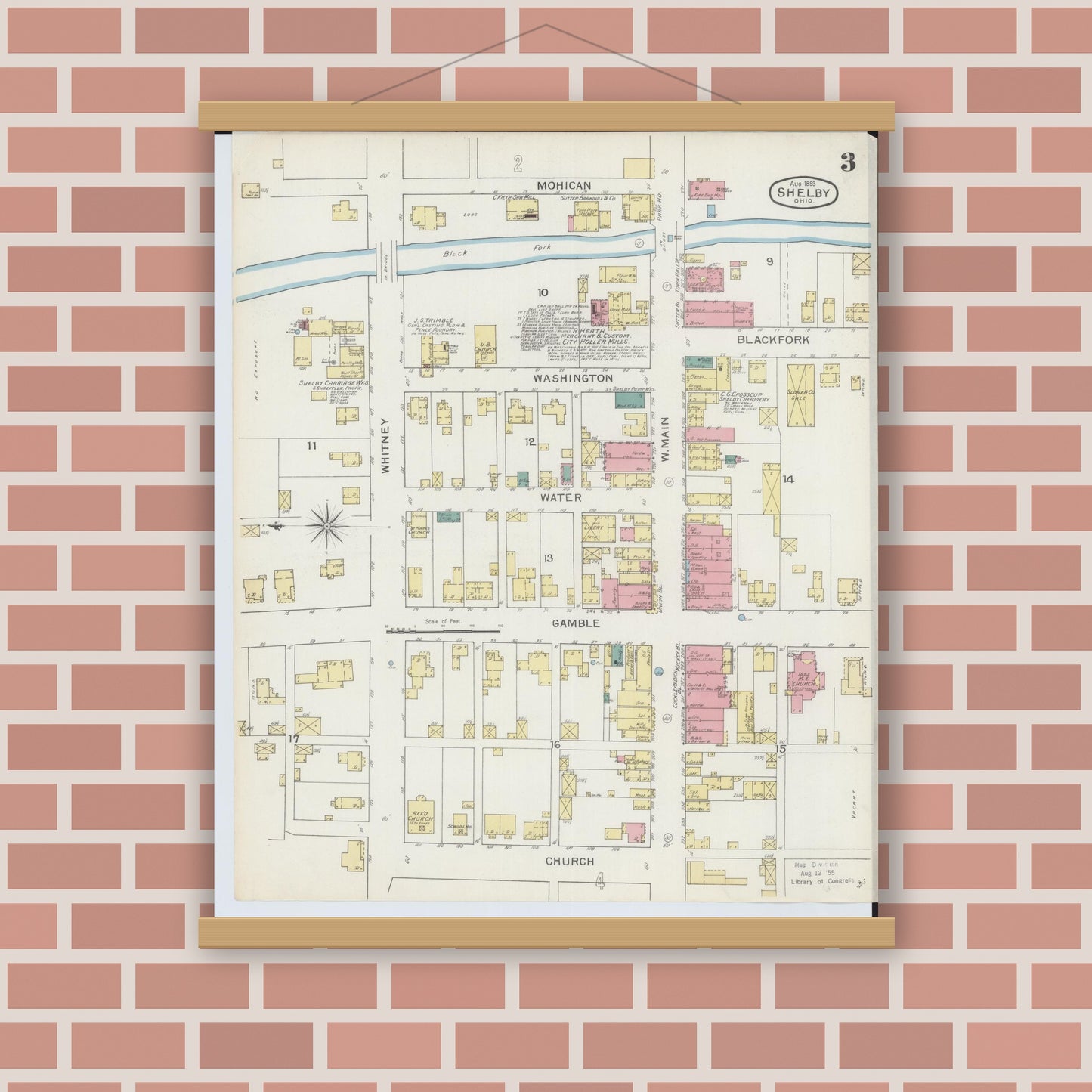 Old map wall art mockup — magnetic wood frame on brick wall — Sanborn Fire Insurance Map from Shelby, Richland County, Ohio (1893), Sheet #0003