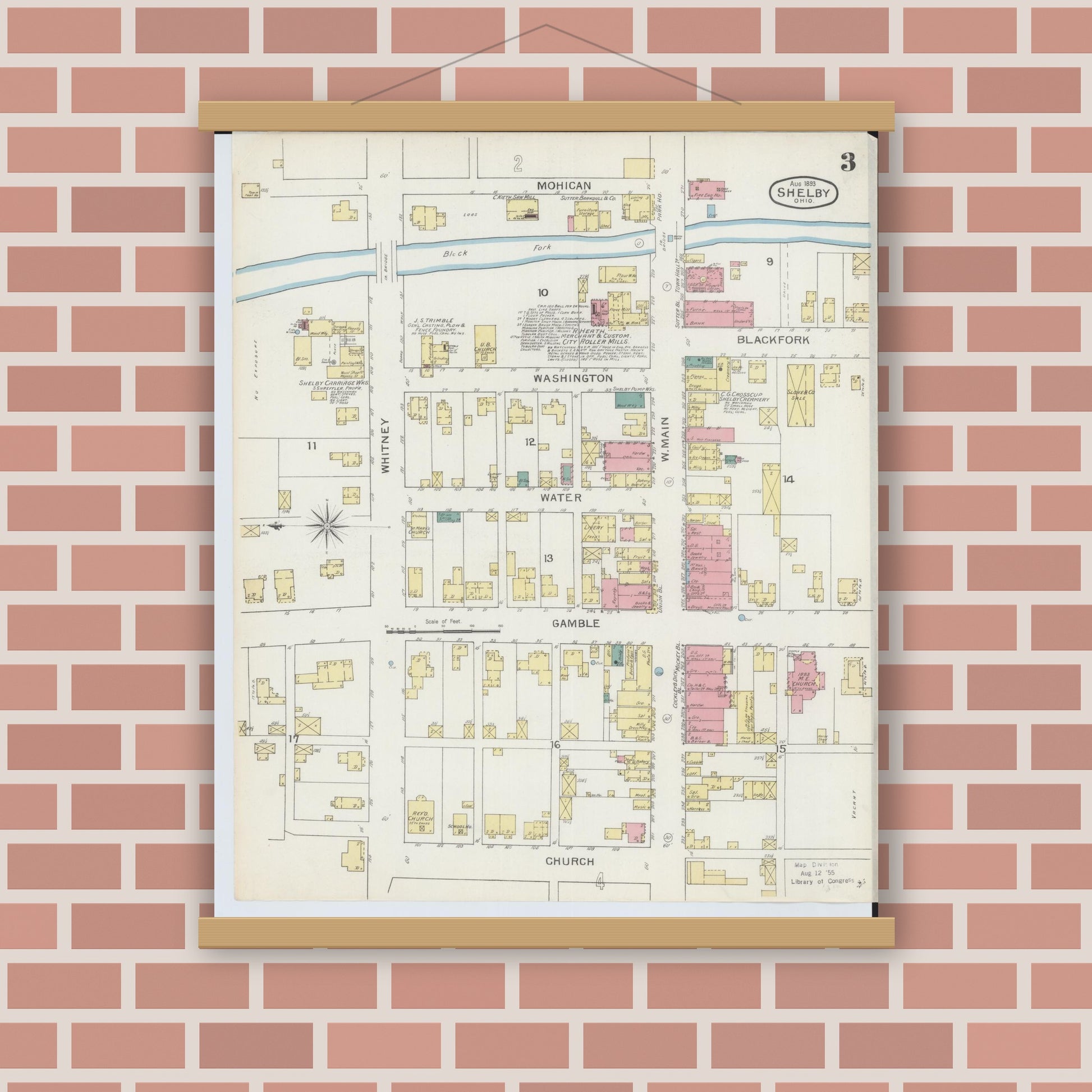 Old map wall art mockup — magnetic wood frame on brick wall — Sanborn Fire Insurance Map from Shelby, Richland County, Ohio (1893), Sheet #0003