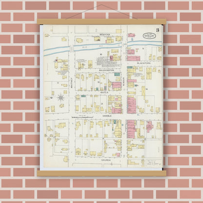 Old map wall art mockup — magnetic wood frame on brick wall — Sanborn Fire Insurance Map from Shelby, Richland County, Ohio (1893), Sheet #0003