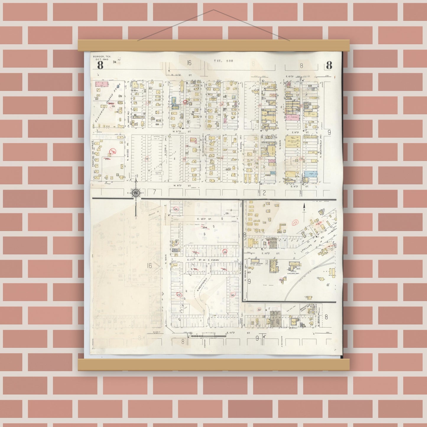 Old map wall art mockup — magnetic wood frame on brick wall — Sanborn Fire Insurance Map from Borger, Hutchinson County, Texas (1950), Sheet #0008