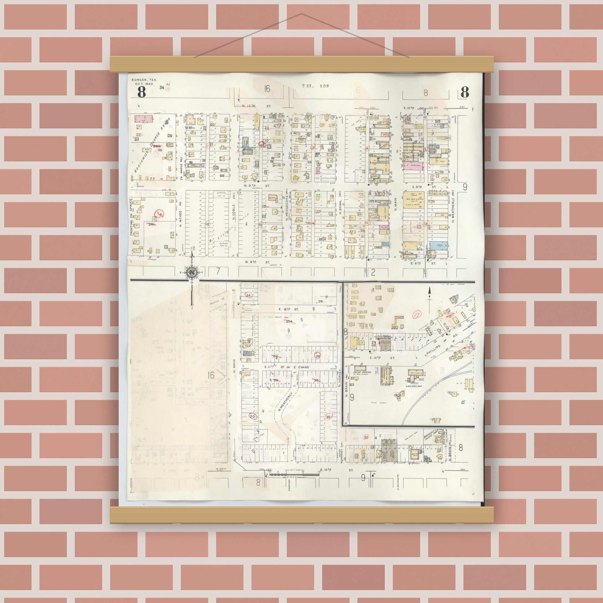 Old map wall art mockup — magnetic wood frame on brick wall — Sanborn Fire Insurance Map from Borger, Hutchinson County, Texas (1950), Sheet #0008