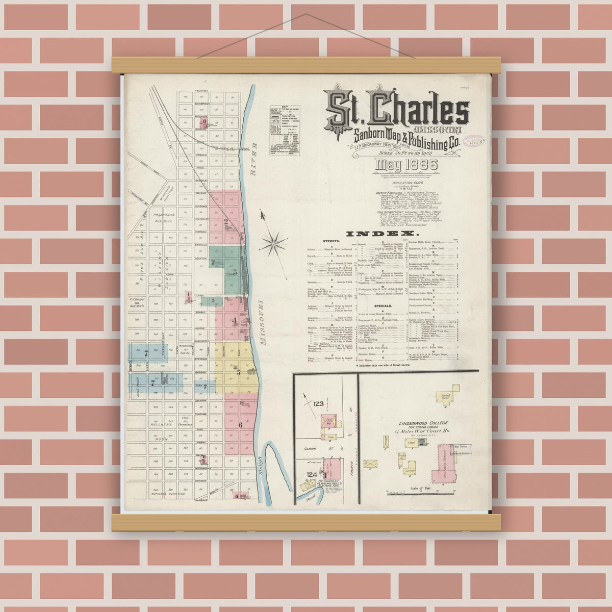 Old map wall art mockup — magnetic wood frame on brick wall — Sanborn Fire Insurance Map from Saint Charles, Saint Charles County, Missouri (1886) - Complete Map Set