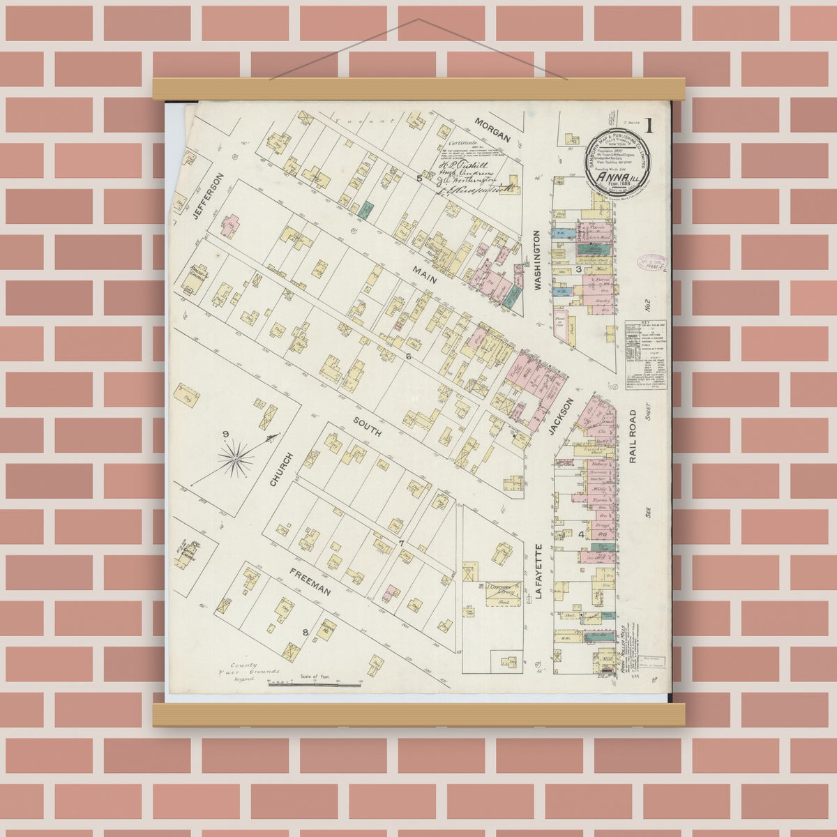 Old map wall art mockup — magnetic wood frame on brick wall — Sanborn Fire Insurance Map from Anna, Union County, Illinois (1888) - Complete Map Set