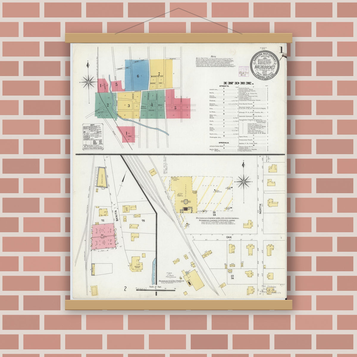 Old map wall art mockup — magnetic wood frame on brick wall — Sanborn Fire Insurance Map from Nacogdoches, Nacogdoches County, Texas (1906) - Complete Map Set
