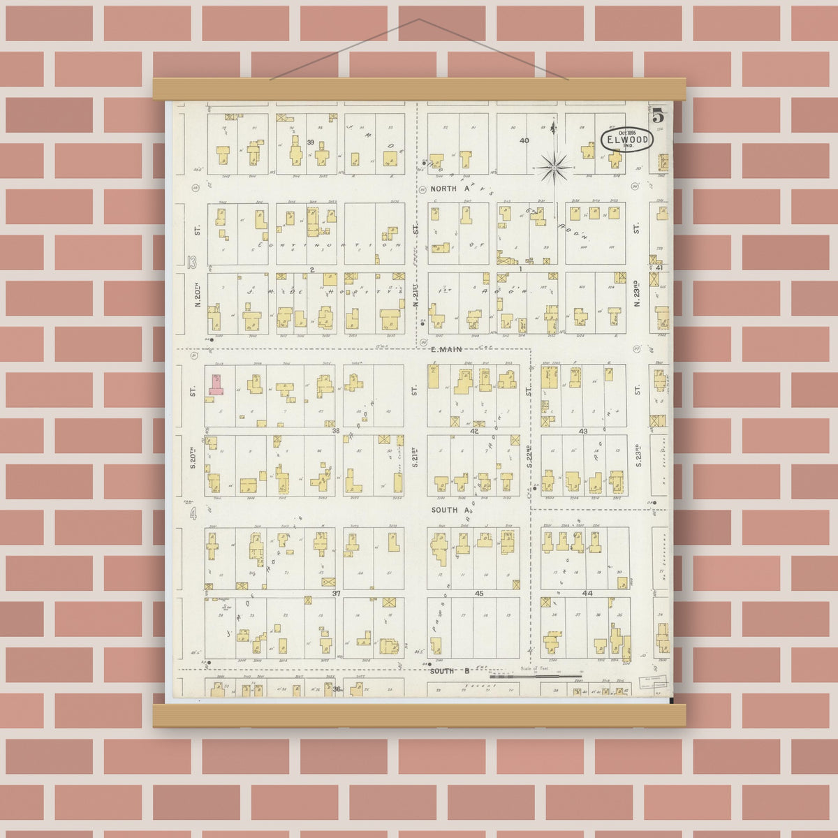 Old map wall art mockup — magnetic wood frame on brick wall — Sanborn Fire Insurance Map from Elwood, Madison County, Indiana (1895), Sheet #0005