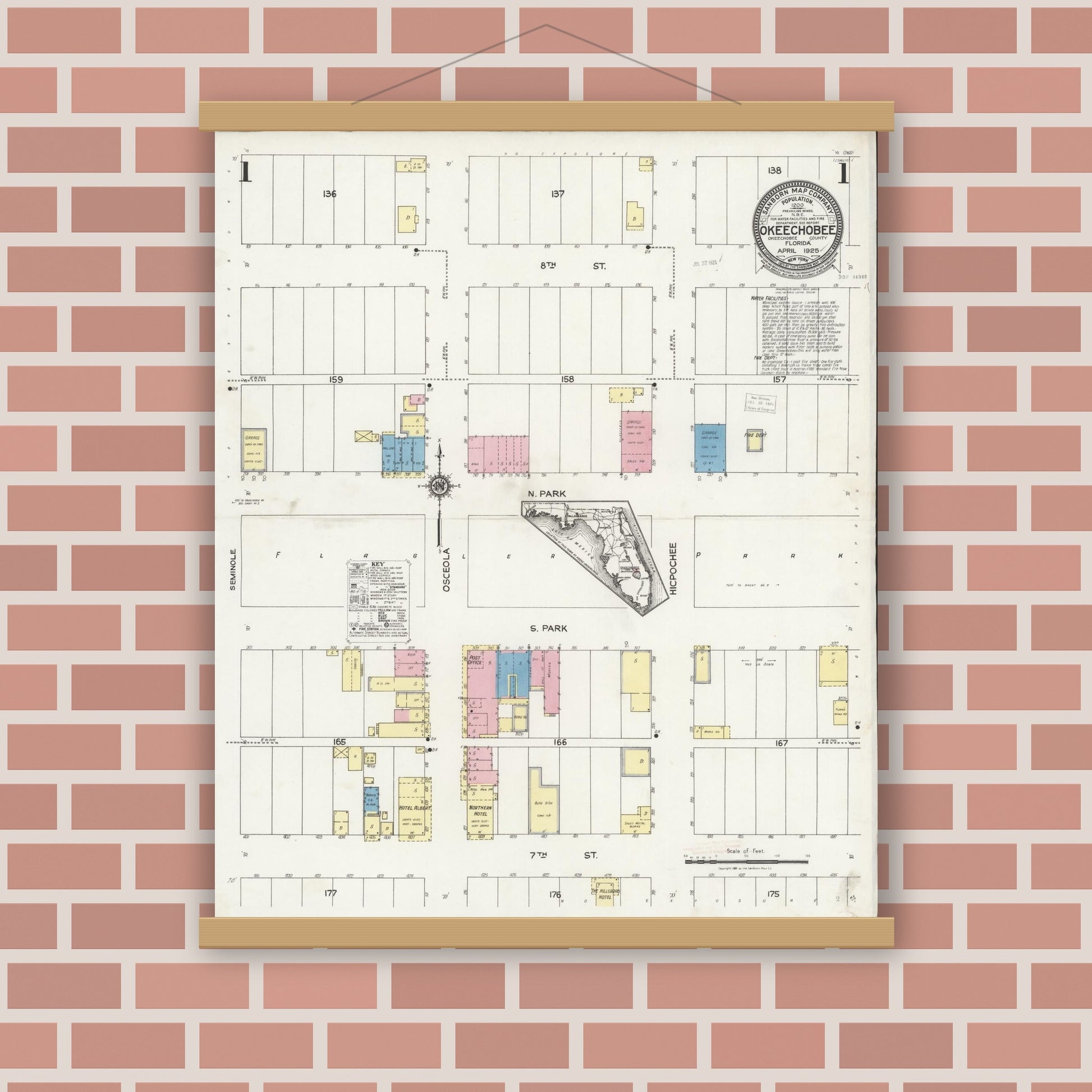 Old map wall art mockup — magnetic wood frame on brick wall — Sanborn Fire Insurance Map from Okeechobee, Okeechobee County, Florida (1925), Sheet #0001