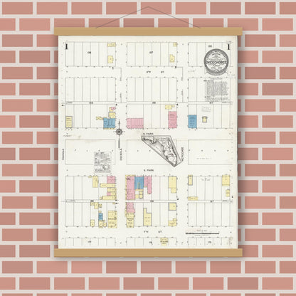 Old map wall art mockup — magnetic wood frame on brick wall — Sanborn Fire Insurance Map from Okeechobee, Okeechobee County, Florida (1925), Sheet #0001